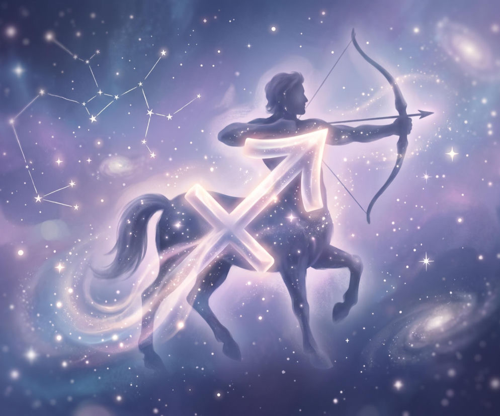 Mitologiczny centaur z łukiem na tle gwiazd i symbolu Strzelca. Horoskop dla tego znaku znajdziesz w serwisie Eska.