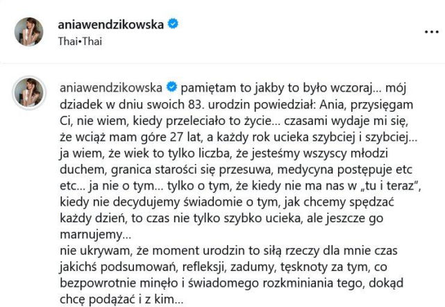 Anna Wendzikowska kończy 45 lat. Wspomniała słowa dziadka. "Nie wiem, kiedy przeleciało to życie"
