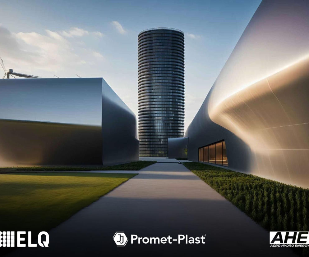 Wizualizacja grawitacyjnego magazynu energii w formie wieży. U dołu logotypy ELQ, Promet-Plast i AHE. Więcej w Architektura.