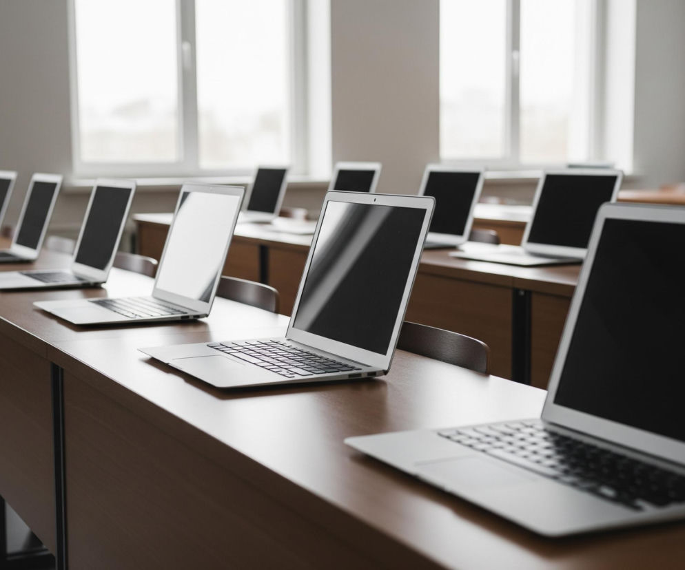 W pomieszczeniu znajduje się kilkanaście srebrnych laptopów z czarnymi ekranami, ustawionych w rzędach na długich, drewnianych stołach. Laptopy są otwarte, a ekrany są wyłączone, ukazując ciemną, jednolity powierzchnię. W tle widać trzy duże okna, przez które wpada rozproszone światło, rozjaśniając pomieszczenie o ścianach w jasnym, neutralnym kolorze.