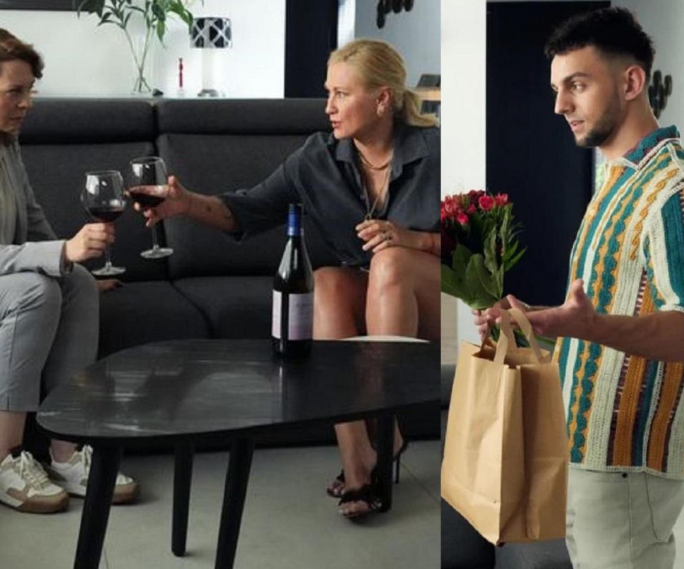 Kolaż: po lewej Justyna i Dorota w domowym zaciszu wznoszą toast czerwonym winem, a po prawej Mirek stoi z bukietem czerwonych kwiatów i papierową torbą. Sceny z odcinka 3290 Barw szczęścia pełne są emocji i niespodziewanych wyznań, o których przeczytasz na Super Seriale.