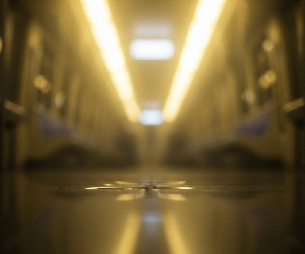 Wnętrze ciemnego pomieszczenia o podłużnym kształcie, prawdopodobnie wagonu lub tunelu, jest oświetlone ciepłym, żółtym światłem. Światło to, rozmyte i jasne, tworzy dwa wyraźne pasy biegnące równolegle od góry obrazu w kierunku centrum, zbiegając się w perspektywie ku oddali. Podłoga w pierwszym planie jest ciemna i lśniąca, odbijając rozmyte, żółte smugi światła, co sugeruje mokrą lub gładką powierzchnię. Po obu stronach wnętrza widoczne są niewyraźne zarysy siedzeń lub balustrad, utrzymane w ciemniejszych odcieniach, z delikatnymi, niebieskawymi akcentami na wysokości siedzeń.