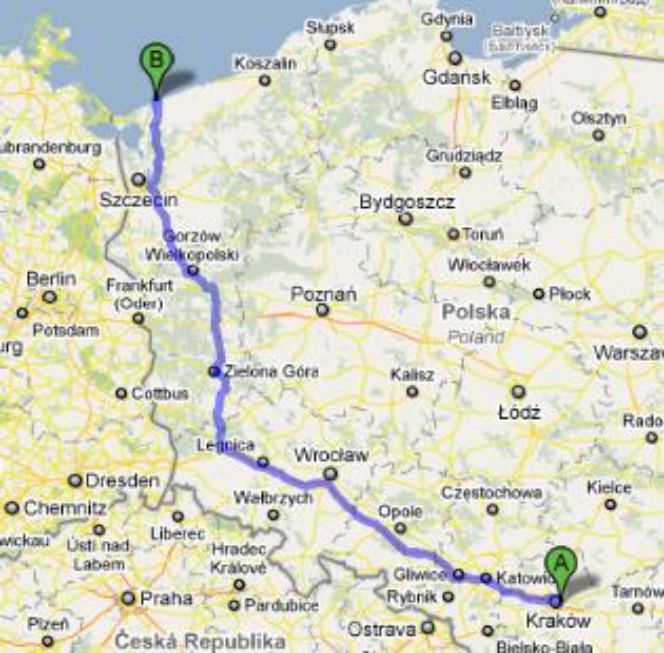 Trasa E40 i E65 Kraków-Dziwnów - mapka