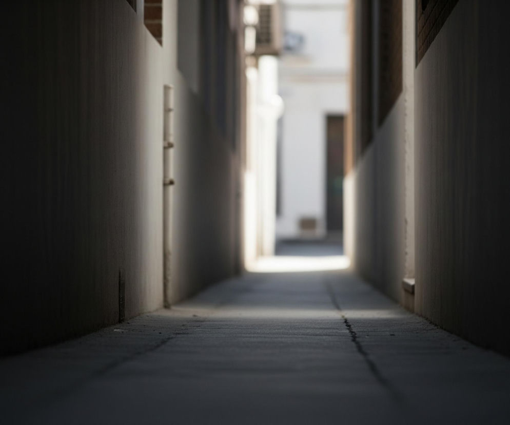 Wąskie przejście między dwoma wysokimi budynkami rozciąga się w głąb obrazu, ukazując wyraźną perspektywę. Po prawej i lewej stronie znajdują się równoległe, gładkie ściany, rzucające długie cienie na chodnik, który jest częściowo oświetlony blaskiem słońca w dalszej perspektywie. Na lewej ścianie widać cień, a w górnej części przebijają się drobne detale architektoniczne i element ceglany, natomiast na prawej ścianie widoczne są drobne nierówności i jasna rura biegnąca pionowo. Na końcu przejścia widoczne jest jasne, rozmyte światło, a na podłodze chodnika zauważalne są pęknięcia biegnące przez środek.