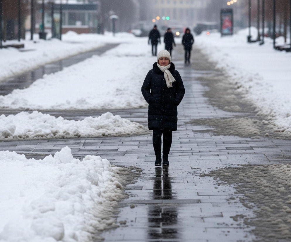 Kobieta w ciemnej kurtce, jasnej czapce i szaliku idzie środkiem mokrego chodnika, patrząc wprost na widza. Jej ręce są wsunięte w kieszenie kurtki, a drobne płatki śniegu opadają wokół. Po obu stronach chodnika zalegają nierówne zaspy brudnego śniegu, który tworzy wyraźną granicę z szarym, wilgotnym podłożem. W tle, w oddali, widać trzy niewyraźne sylwetki ludzi, budynki oraz światła uliczne i sygnalizacji.