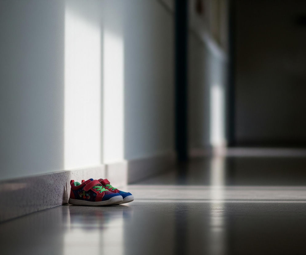 Para dziecięcych butów stoi oparta o białą ścianę, po lewej stronie ciemnego korytarza. Buty są jaskrawo kolorowe: mają czerwone rzepy i obrzeża, niebieskie noski i boki z wielokolorowym, kreskówkowym wzorem oraz zielone sznurowadła. Korytarz jest słabo oświetlony; z prawej strony widoczne są cienie i odbicia, tworząc długie, pionowe pasy światła i ciemności na podłodze i ścianach.