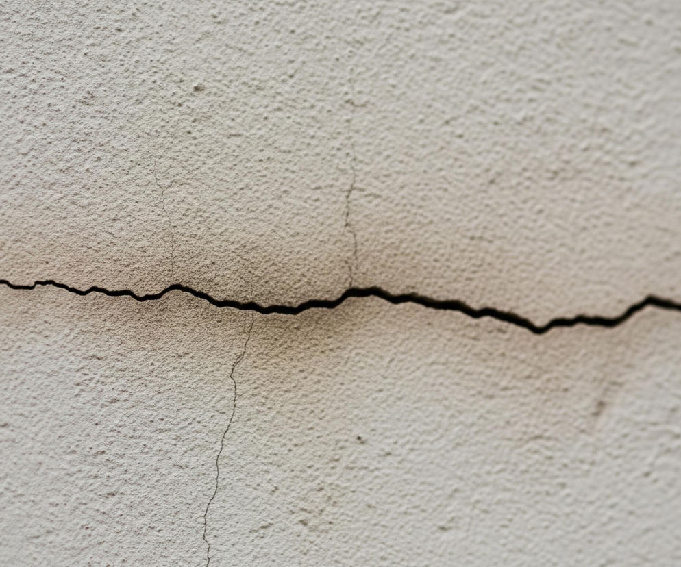 Beżowa, fakturowana ściana z betonu lub tynku, pokryta jest drobnymi nierównościami i pęknięciami. Przez środek zdjęcia biegnie ciemna, nieregularna, pozioma rysa. W centralnej części pęknięcia widoczne jest ciemniejsze, brązowo-czarne zabarwienie, przypominające osmalenie lub ślad sadzy, które rozchodzi się nieco wokół pęknięcia. Od głównej rysy odchodzą mniejsze, cieńsze pęknięcia.