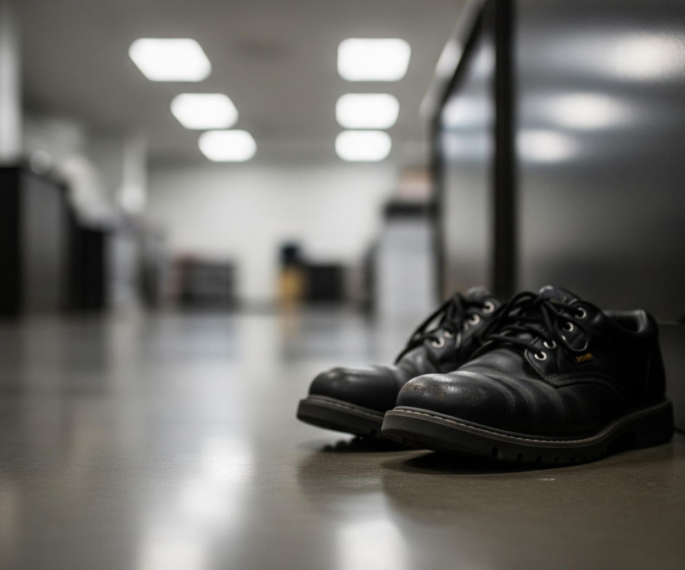 Na pierwszym planie, z prawej strony, leży para czarnych, sznurowanych butów z grubymi podeszwami, lekko sfatygowanych i błyszczących w niektórych miejscach. Buty leżą na ciemnoszarej, gładkiej podłodze, która zajmuje większość dolnej części kadru i odbija światło. W tle rozciąga się długi korytarz lub przestronne pomieszczenie biurowe z jasnymi ścianami i kilkoma świecącymi, prostokątnymi lampami sufitowymi, tworzącymi jasne punkty w rozmazanym obrazie. Po prawej stronie widać ciemny, matowy panel lub ścianę, a po lewej fragment czarnej zabudowy, oba te elementy są częściowo zamazane.