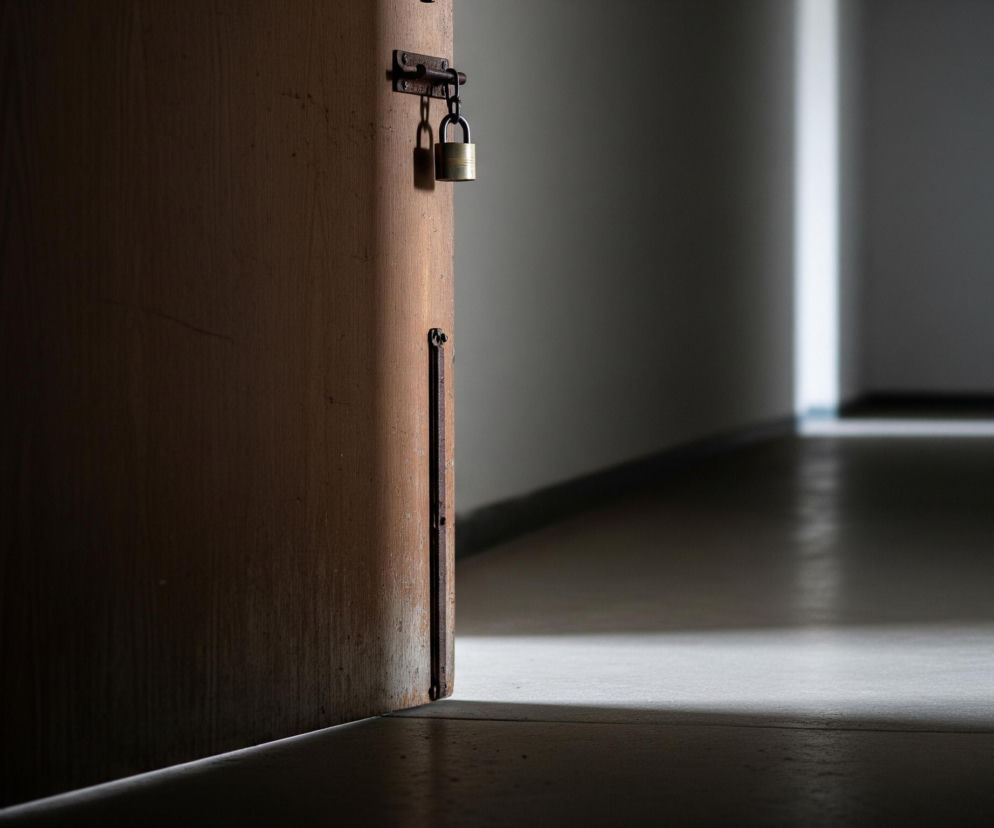 Drewniane, uchylone drzwi w brązowym kolorze znajdują się po lewej stronie kadru. Górna część drzwi jest jaśniejsza, oświetlona smugą światła, która podkreśla ich słoje, natomiast dół pozostaje w cieniu. Na wysokości klatki piersiowej na drzwiach widnieje zardzewiała zasuwa z dwoma złotymi, błyszczącymi kłódkami, z których jedna rzuca cień. Za drzwiami rozciąga się ciemny korytarz z białymi ścianami, a w jego dali widać smugę jasnego światła, która oświetla fragment podłogi.