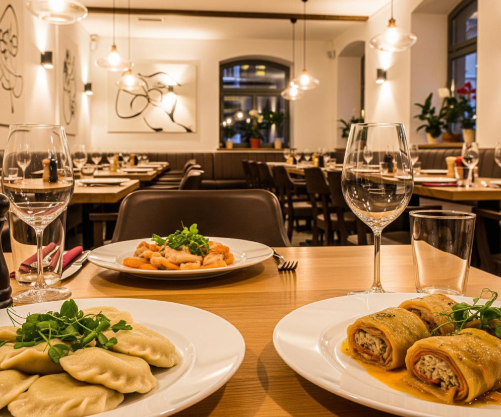 Na pierwszym planie, na drewnianym stole, leżą trzy białe talerze z jedzeniem. Z lewej strony talerz z pierogami posypanymi zielonymi ziołami, obok niego stoją drewniane solniczka i pieprzniczka, a także puste kieliszki do wina. Na środku stołu jest talerz z kluskami i kawałkami mięsa, również udekorowany zielonymi ziołami. Po prawej stronie, na trzecim talerzu, znajdują się cztery rolady z nadzieniem w sosie, obok których leży widelec i serwetka. W tle widoczna jest jasna, elegancka restauracja z rzędami drewnianych stołów i brązowych krzeseł i kanap, oświetlona ciepłym światłem lamp wiszących i kinkietów, z abstrakcyjnymi obrazami na ścianach.