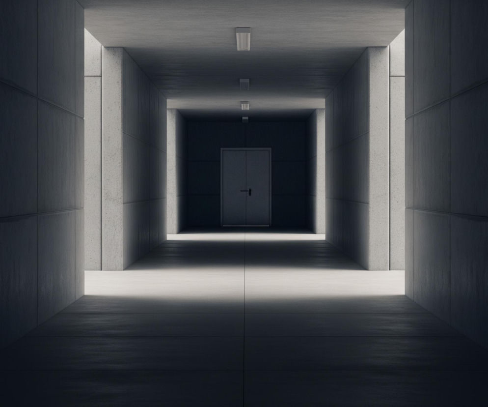 Długi, prosty korytarz wykonany z betonu, oświetlony jest od góry i z końców. Na końcu korytarza znajduje się ciemna, szarawe drzwi z czarną klamką, umieszczone centralnie. Boczne ściany korytarza pokryte są dużymi, ciemnoszarymi panelami, podczas gdy sufit i górne części ścian bocznych mają jaśniejszy odcień szarości. Światło padające z niewidocznych źródeł tworzy jasne smugi na podłodze, intensywniejsze przy krawędziach i przy drzwiach, rozjaśniając również pionowe słupy betonu po obu stronach korytarza.