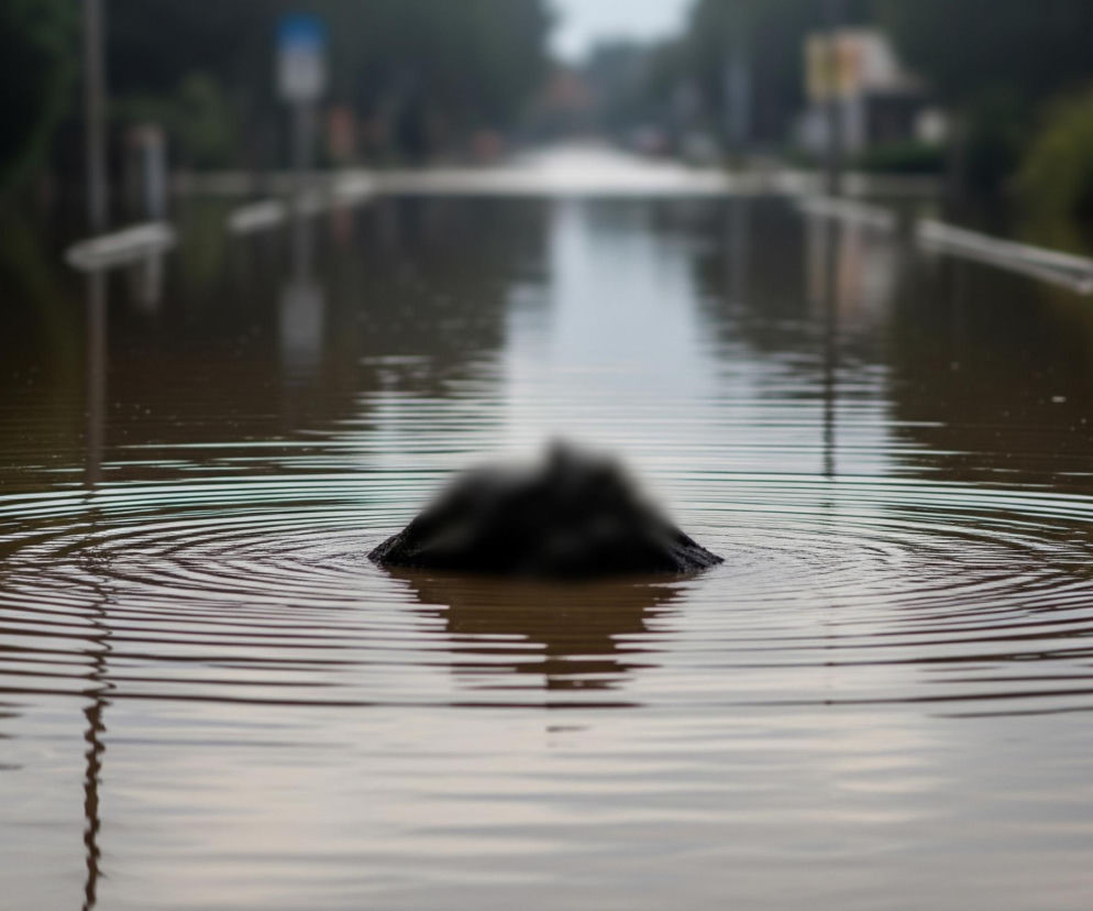 Głównym elementem jest ciemny, niewyraźny obiekt częściowo zanurzony w brązowawej wodzie, wokół którego rozchodzą się koncentryczne fale. Woda wypełnia całe dolne i środkowe partie obrazu, odbijając niewyraźne, pionowe kształty, które przypominają latarnie lub znaki drogowe. W tle widać zamazaną ulicę lub aleję otoczoną drzewami, co tworzy długi, rozmyty tunel zieleni i szarości.