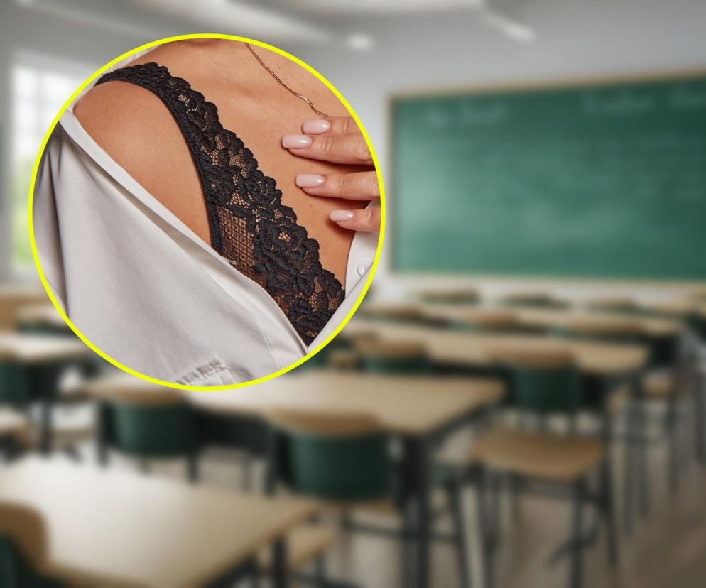 Pusta klasa szkolna, w tle tablica. Na miniaturze ramię kobiety w koronkowej bieliźnie. O sprawie nauczycielki czytaj w SE.