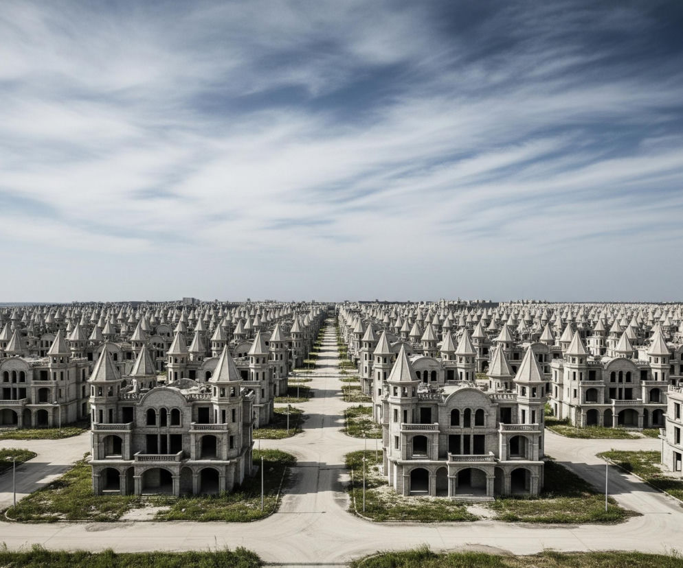 W rozległej perspektywie, pod błękitnym niebem z rozciągniętymi, białymi chmurami, widać równo rozmieszczony, opuszczony kompleks mieszkalny. Szeregi identycznych, niedokończonych budynków o jasnoszarych elewacjach i spiczastych, stożkowych dachach rozciągają się w głąb obrazu aż po horyzont. Między budynkami wiją się szare, asfaltowe drogi, częściowo porośnięte zieloną trawą, a gdzieniegdzie stoją pojedyncze, metalowe latarnie uliczne.