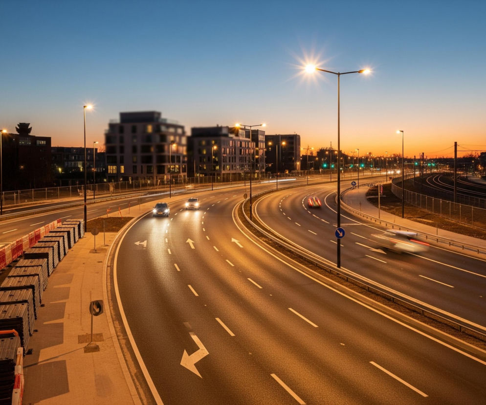 Scena przedstawia oświetlony odcinek autostrady w wieczornym zmierzchu, z niebem przechodzącym od jasnoniebieskiego na górze do pomarańczowego horyzontu. Droga jest wielopasmowa, z wyraźnymi białymi liniami, strzałkami kierunkowymi oraz odblaskami świateł pojazdów i lamp ulicznych. Po obu stronach autostrady widoczne są nowoczesne budynki mieszkalne lub biurowe, z częściowo oświetlonymi oknami, oraz tory kolejowe po prawej stronie. Na pierwszym planie po lewej stronie znajdują się ułożone w stos czarne, prostokątne elementy, przypominające bariery lub płyty, otoczone biało-pomarańczowymi elementami bezpieczeństwa.