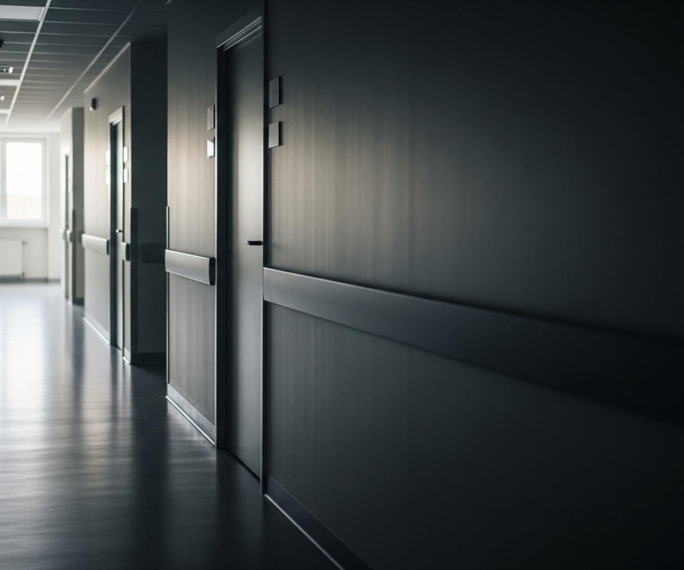 Długi, prosty korytarz rozciąga się w głąb obrazu, zlewając się z jasnym światłem w oddali. Po obu stronach korytarza widoczne są ściany z drzwiami oraz poziome listwy ochronne. Podłoga odbija światło, tworząc refleksy, natomiast sufit pokryty jest panelami z wbudowanymi oprawami oświetleniowymi, z których część jest włączona. Całość utrzymana jest w chłodnych odcieniach szarości i bieli, z wyraźnym kontrastem między oświetlonym końcem a ciemniejszym, pierwszym planem po prawej stronie.