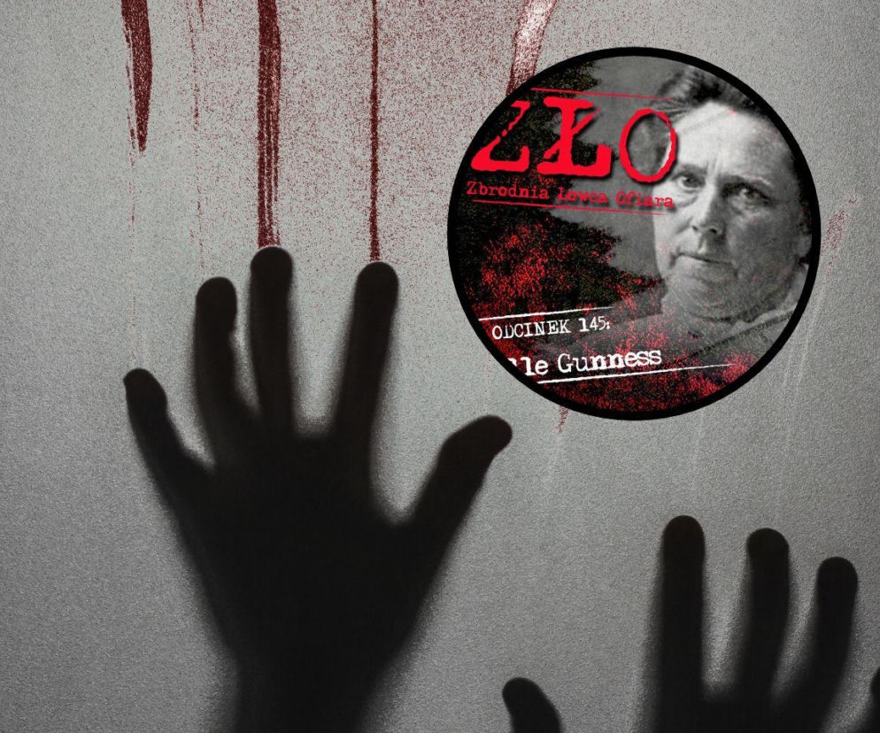Cień dłoni na ścianie z krwawymi śladami. Na miniaturze Belle Gunness z podcastu ZŁO. Historię opisuje Mediateka.