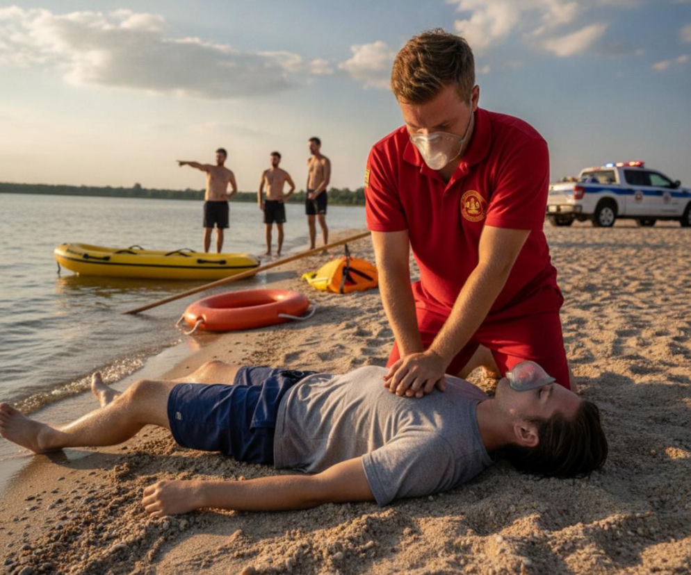 Ratownik w czerwonym stroju wykonuje masaż serca mężczyźnie na plaży. O zasadach pierwszej pomocy czytaj na Poradnik Zdrowie.