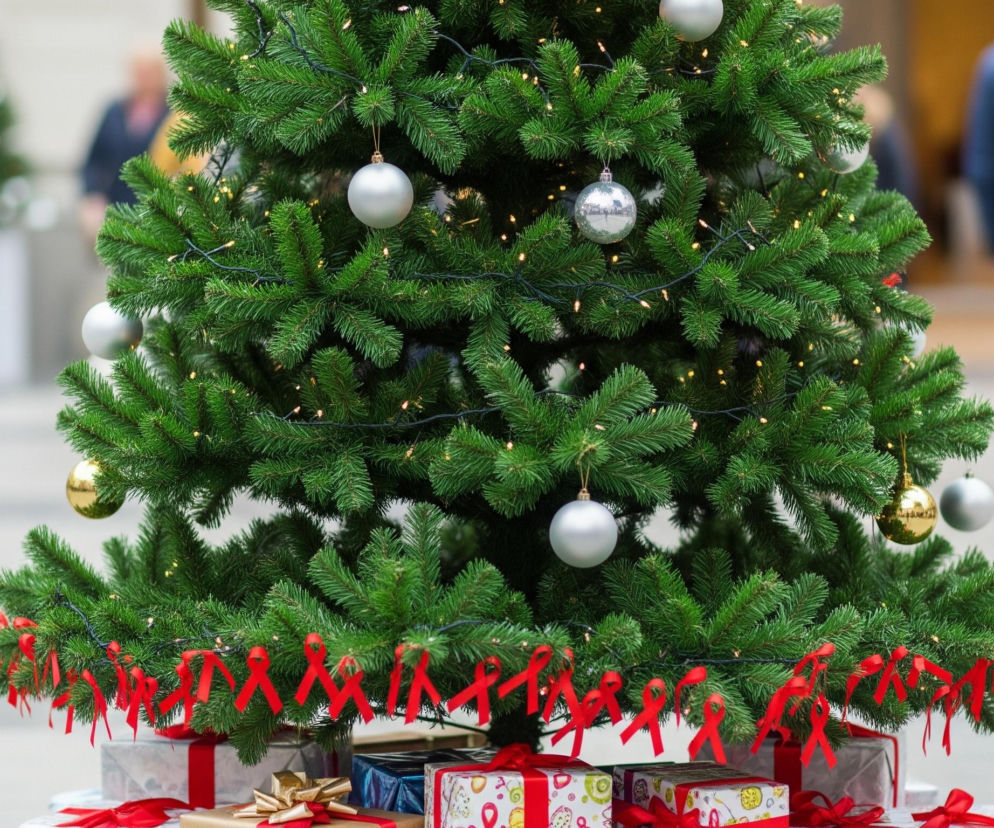 Centralny element obrazu to gęsto zielona choinka, udekorowana licznymi srebrnymi i kilkoma złotymi bombkami. Drzewko owinięte jest czarnym kablem z małymi, świecącymi żółtymi lampkami, a jego dolne gałęzie ozdobione są rzędem czerwonych wstążek. Pod choinką leży kilka zapakowanych prezentów, w tym srebrne, złote i kolorowe pudełka przewiązane czerwonymi wstążkami. W tle widoczni są niewyraźni ludzie w rozmytych kolorach, sugerujący publiczną przestrzeń.