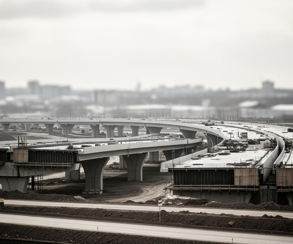 Krajobraz przedstawia rozległy, niedokończony węzeł drogowy lub estakadę, dominującą w centrum kadru. Betonowe konstrukcje, szare i surowe, tworzą liczne poziomy i łuki, niektóre z widocznymi zbrojeniami i szalunkami. Pod spodem znajduje się ziemisty teren budowy z nierównymi, ubitymi ścieżkami i nagromadzeniami ziemi, gdzieniegdzie widać zaparkowane pojazdy budowlane. Tło, rozmyte i w jasnoszarych tonach, ukazuje zarysy odległych budynków miejskich pod zachmurzonym niebem. Cała scena utrzymana jest w stonowanej palecie kolorów, głównie odcieniach szarości, brązu i beżu.