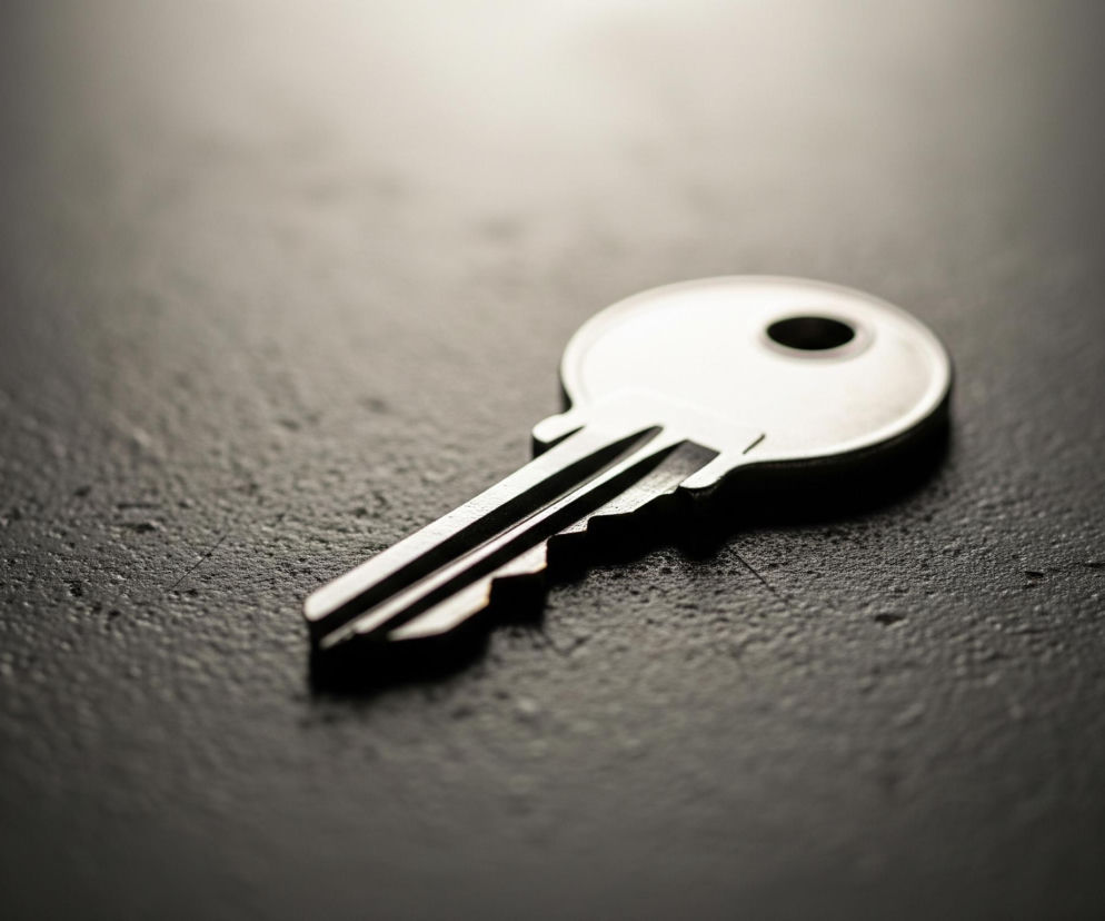 Srebrny klucz leży na ciemnej, matowej powierzchni. Klucz jest wyraźnie oświetlony od góry z prawej strony, co tworzy wyraźny cień po jego lewej stronie i na dole. Powierzchnia, na której leży klucz, ma subtelną, chropowatą teksturę i przechodzi od jasnego szarego w górnym prawym rogu do niemal czarnego w lewym dolnym.