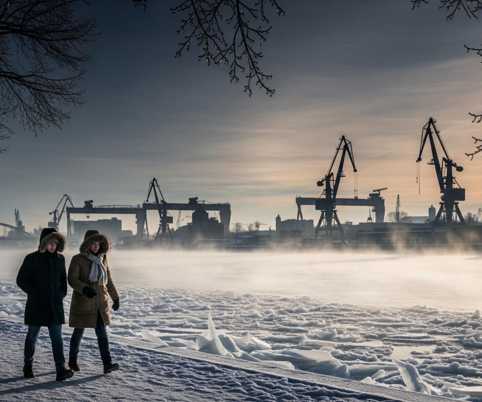 Dwie osoby idą po pokrytym śniegiem chodniku w zimowy dzień, z rzeką pokrytą lodem i mgłą po prawej stronie. Osoby są ubrane w zimowe płaszcze z futrzanymi kapturami, przy czym osoba po lewej ma ciemny płaszcz, a po prawej jasnobrązowy z szarym szalikiem. Poziom rzeki pokrywa rozproszona, biała mgła, a na pierwszym planie widoczne są duże kawałki lodu pływające w wodzie i na brzegu. W tle, za rzeką i mgłą, rysuje się ciemna sylwetka industrialnego krajobrazu z licznymi dźwigami i budynkami, a nad wszystkim góruje jasne, zachodzące słońce po prawej stronie, oświetlające część nieba na pomarańczowo. Ciemne, bezlistne gałęzie drzew obramowują górę zdjęcia, niektóre pokryte lśniącymi kroplami lodu.