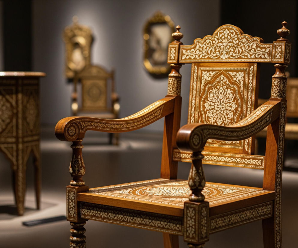 Na pierwszym planie, centralnie, stoi drewniany, rzeźbiony fotel z jasnymi, ozdobnymi intarsjami, głównie w odcieniach brązu i bieli. Ornamentyka przedstawia motywy roślinne i geometryczne, pokrywające oparcie, siedzisko, podłokietniki oraz nogi. Tło jest rozmyte i ciemne, widać tam inne meble o podobnym stylu, w tym stolik z prawej strony i kolejne fotele, a także fragmenty ścian w odcieniach szarości i brązu.