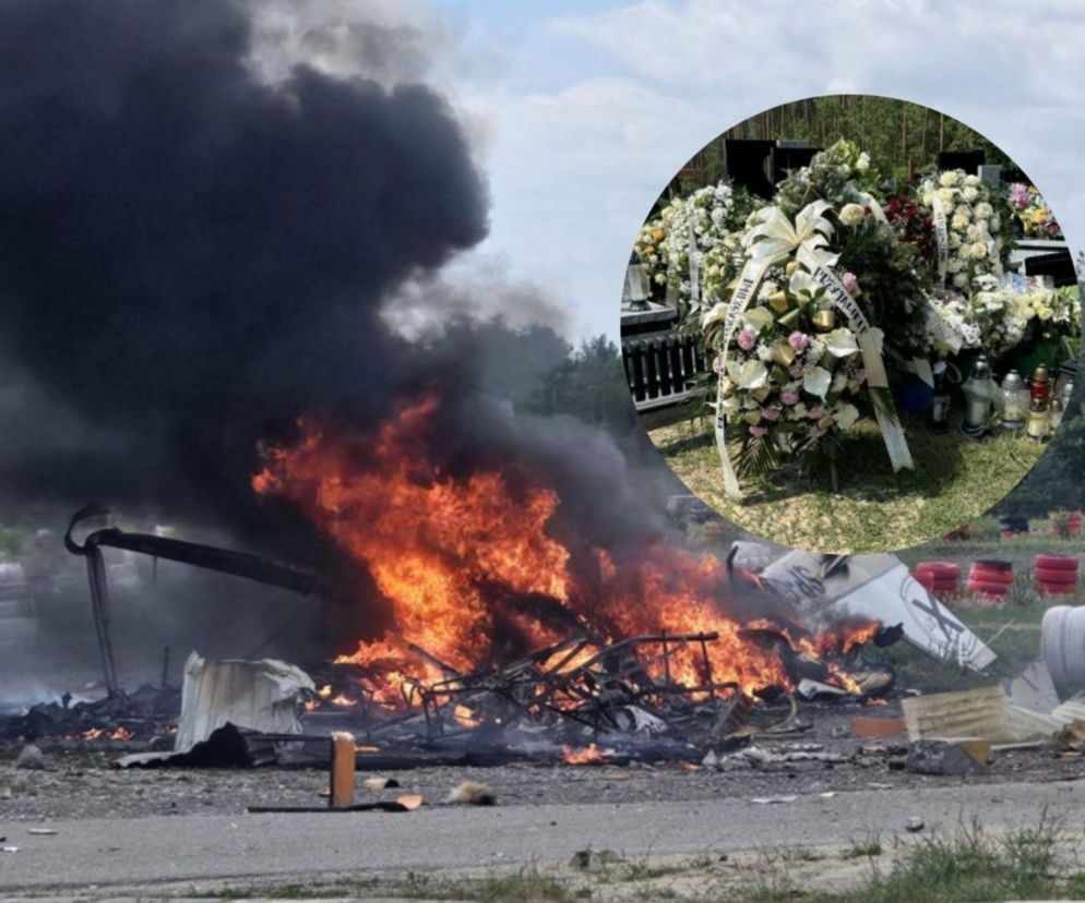 Płonący wrak samolotu na Bemowie. Na miniaturze kwiaty na grobie szer. Łukasza P. O tragedii przeczytasz na SE.