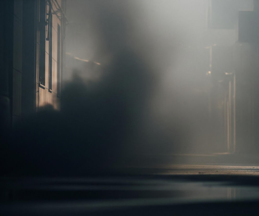 Ulica tonie w gęstej, ciemnej mgle, oświetlonej jedynie jasnym smugiem światła wpadającym z prawej strony obrazu, tworzącym atmosferę tajemniczości. Po lewej stronie widoczne są fragmenty budynku z dwoma oknami, przez które delikatnie przebija światło, nadając fasadzie ciepły, pomarańczowy odcień. Droga na pierwszym planie jest ciemna i mokra, z widocznymi refleksami odbijającymi światło. Całość kompozycji, z głębokimi cieniami i rozproszonym światłem, buduje wrażenie wczesnego poranka lub późnego wieczoru w miejskiej scenerii.