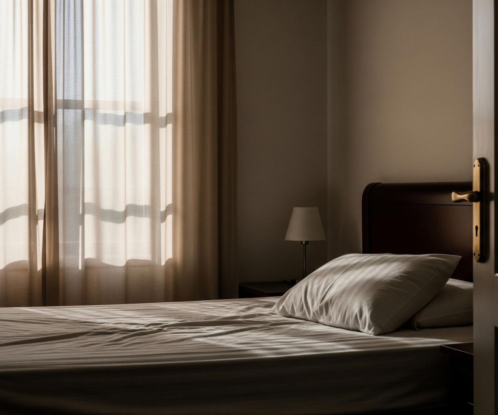 Wnętrze sypialni ukazuje łóżko z białym prześcieradłem i poduszką, ustawione w centrum kadru. Z lewej strony znajduje się okno zasłonięte beżowymi, półprzezroczystymi firankami, przez które wpadają pasma światła, tworząc na łóżku cieniowanie w paski. Obok łóżka stoi lampka nocna z białym abażurem, a z prawej strony widoczne są otwarte, ciemne drzwi z mosiężną klamką.