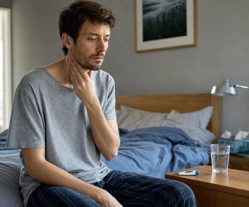 Mężczyzna dotyka szyi z wyrazem niepokoju. Obok leży termometr. O objawach HIV i AIDS przeczytasz na Poradnik Zdrowie.