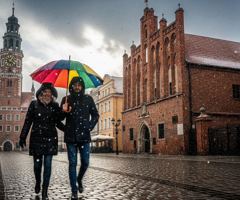 Na pierwszym planie, para ubrana w ciemne zimowe płaszcze i dżinsy, idzie po mokrym brukowanym placu. Mężczyzna trzyma nad nimi otwarty parasol w żywych kolorach tęczy, zaś kobieta uśmiecha się, mając na sobie szalik. W tle dominują historyczne budynki z cegły i tynkowane kamienice, częściowo pokryte śniegiem; w oddali, po lewej stronie, wznosi się wysoka wieża zegarowa z zielonym dachem. Na całym obrazie widoczne są liczne, drobne, białe płatki śniegu, spadające z pochmurnego, szarego nieba, tworząc zimową atmosferę.