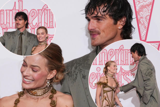 Pozowali do zdjęć, nagle złapał ich deszcz. Tylko spójrzcie na ich twarze! Jacob Elordi i Margot Robbie na premierze filmu Wichrowe Wzgórza 