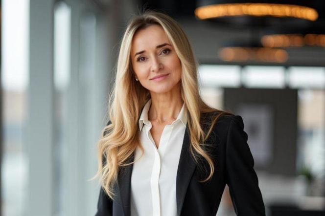 Elegancka kobieta w białej koszuli i czarnej marynarce, stojąca w jasnym biurze z rozmytym tłem. Jej długie blond włosy są lekko falowane. Zdjęcie ilustruje temat Polskiego Kongresu Gospodarczego, o którym przeczytasz więcej na portalu Super Biznes.
