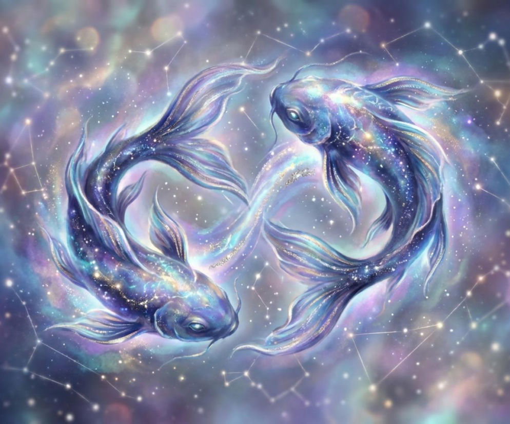 Dwie ryby symbolizujące znak zodiaku Ryby, utrzymane w fioletowo-niebieskiej tonacji z błyszczącymi elementami, unoszące się wśród gwiazd i konstelacji. Grafika ilustruje horoskop dzienny dla Ryb na 22 czerwca, o czym więcej przeczytasz na naszym portalu.