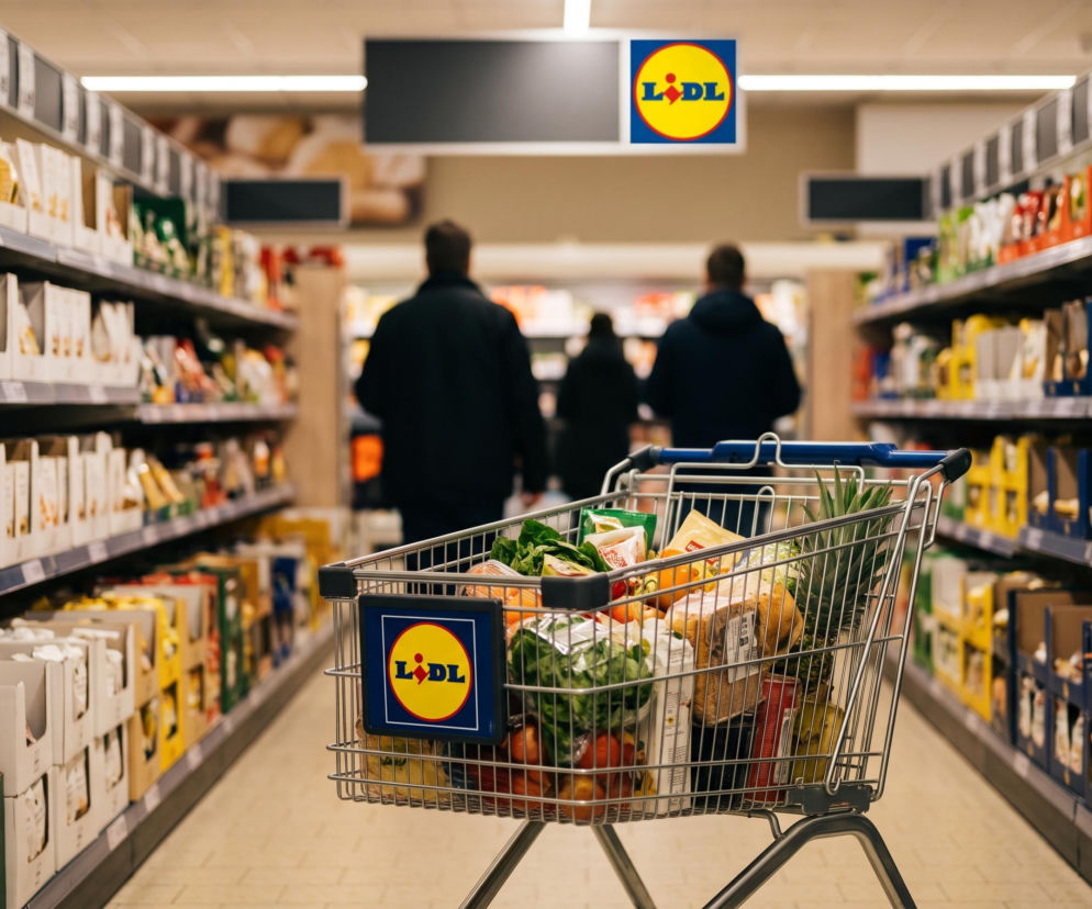Wózek sklepowy z zakupami w alei marketu Lidl. O godzinach otwarcia 31 października przeczytasz na Eska.