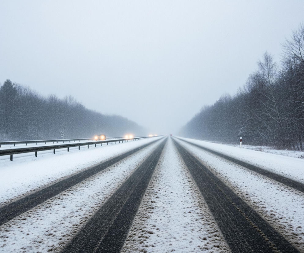 Ośnieżona autostrada prowadzi przez zimowy las, wypełniając większą część kadru. Cztery pasy drogi są wyraźnie widoczne, z warstwą topniejącego, zabrudzonego śniegu na ich krawędziach, tworzącego brązowo-szare grudki. Na całej szerokości drogi leży cienka warstwa świeżego, białego śniegu, a po obu stronach drogi rozciągają się zaspy śnieżne, wtopione w gęsty las bezlistnych drzew.

Z prawej strony drogi widać biało-czerwony słupek drogowy, wystający z zaspy śnieżnej, podczas gdy po lewej stronie drogi biegnie metalowa barierka ochronna. Na drodze, w oddali, zbliżają się dwa samochody z włączonymi, jasnymi światłami. Cała scena jest otoczona gęstą, białą mgłą i padającym śniegiem, co nadaje obrazowi spokojny, zimowy charakter.