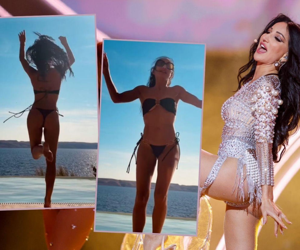 Justyna Steczkowska na scenie. Obok miniatury piosenkarki w bikini nad basenem. O urlopie gwiazdy przeczytasz na Eska.
