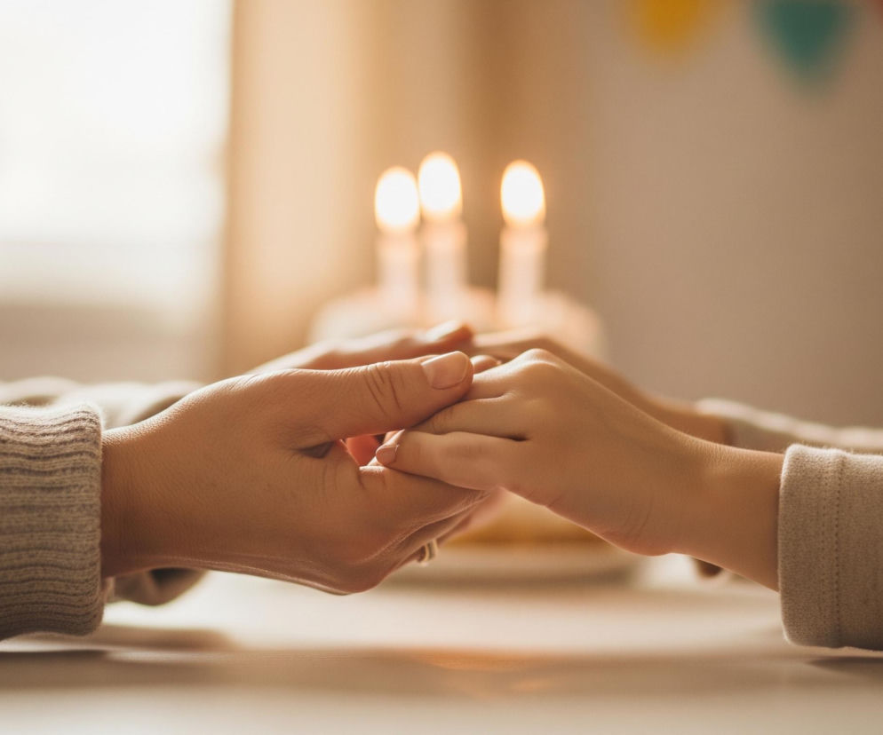 Dwie pary dłoni, prawdopodobnie dorosłej i dziecka, spoczywają na jasnym blacie stołu, przy czym dłoń dorosłego trzyma dłoń dziecka. Osoby noszą jasne, dzianinowe swetry. W tle, rozmyte, widoczne są trzy zapalone świece na czymś, co przypomina tort, oraz kolorowe dekoracje, takie jak trójkątne proporczyki, sugerujące świąteczną atmosferę. Scena jest oświetlona ciepłym, miękkim światłem, tworzącym przytulny nastrój.