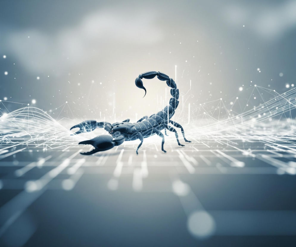 Na obrazie w centrum znajduje się ciemnoszary skorpion z uniesionym ogonem, ukazany w lekkim trójwymiarze, z kropkami i liniami przebiegającymi przez jego ciało, sugerującymi jego budowę lub połączenia. Skorpion stoi na lśniącym, geometrycznym tle złożonym z białych linii i kropek, tworzących siatkę oraz falujące struktury. Tło za skorpionem jest jasne, niemal białe, przechodzące w błękitno-szare odcienie ku górze i po bokach, z rozproszonymi, świecącymi punktami, które nadają całości futurystyczny wygląd.