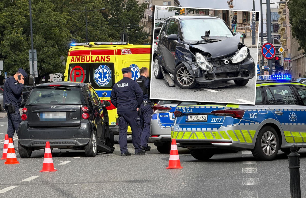 Zderzenie radiowozu na sygnale ze smartem w centrum Warszawy. Policjant trafił do szpitala
