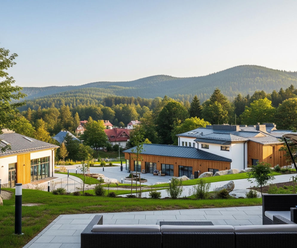 Na pierwszym planie widoczny jest czarny rattanowy narożnik ogrodowy z szarymi poduszkami i niebieskimi ozdobnymi poduszeczkami. Obok stoi dopasowany leżak z kremowym daszkiem, z którego częściowo wystają nóżki. Przed narożnikiem rozciąga się jasnoszary taras z płytek, przechodzący w trawnik i ścieżkę prowadzącą do nowoczesnych budynków.

Architektura obiektów charakteryzuje się połączeniem białych ścian, drewnianych elewacji i ciemnoszarych dachów z metalu, z dużymi oknami i drzwiami tarasowymi. Wokół budynków znajdują się skalniaki z dużymi kamieniami, młode drzewka i trawniki oświetlone niskimi latarniami. W tle rozciąga się pagórkowaty krajobraz pokryty gęstymi lasami iglastymi, a za nimi błękitne, bezchmurne niebo.