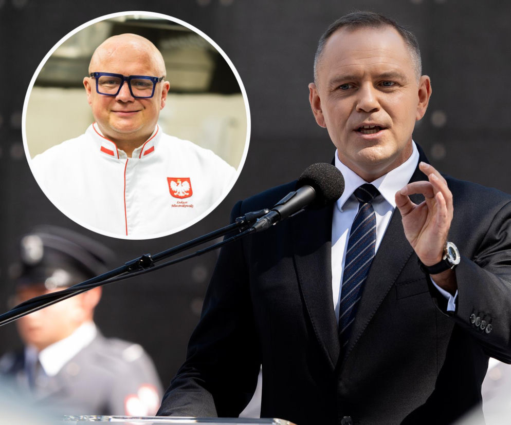 Prezydent Karol Nawrocki przemawia do mikrofonu. Na miniaturze szef kuchni Łukasz Miecznikowski. Czytaj na SE Polityka.