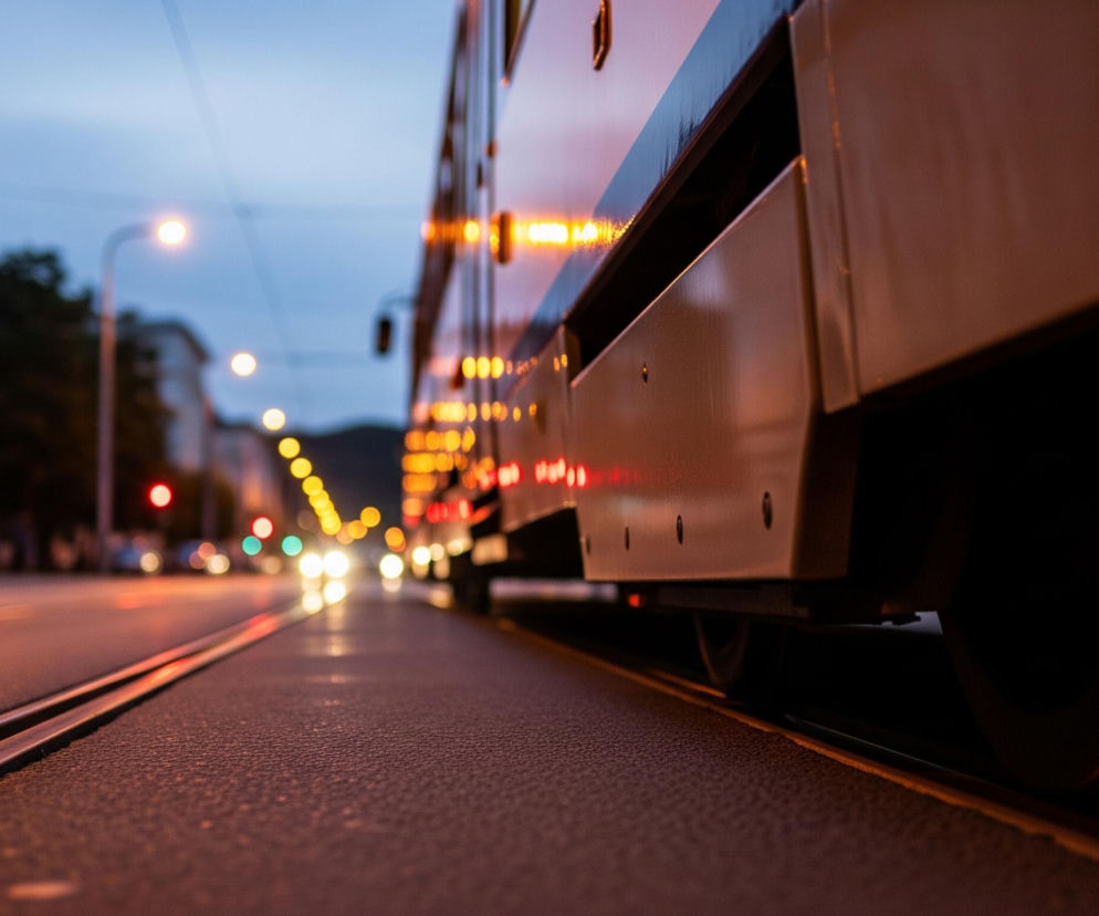 Tramwaj w kolorze białym i granatowym dominuje po prawej stronie kadru, zwrócony przodem do widza i rozświetlony pomarańczowymi światłami. Tory tramwajowe biegną w dół lewej części obrazu, oświetlone światłami ulicznymi. Na lewym pierwszym planie widoczne są uliczne latarnie i budynki w tle, w kolorach szarości i błękitu, zlewające się z niebem. Perspektywa z niskiego poziomu ziemi wzmacnia dramatyczny efekt, uwydatniając kontrast między oświetlonym tramwajem a rozmazanym tłem miasta.