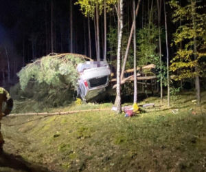 Pijacki rajd 22-latka pod Ostrzeszowem. Auto dachowało i zawisło na drzewach