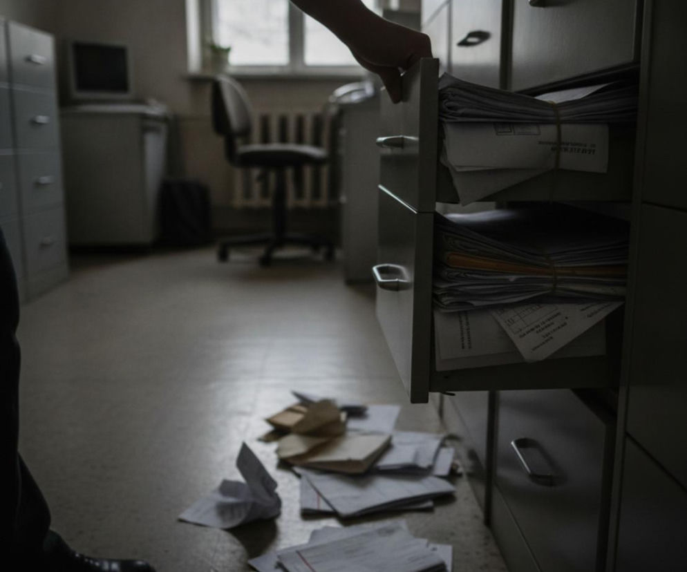Ręka osoby otwierającej szufladę pełną faktur i dokumentów w biurze. O długach szpitali czytaj na Poradnik Zdrowie.