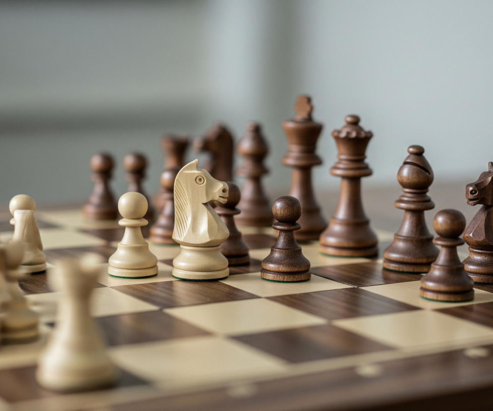 Na drewnianej szachownicy ustawiono komplet figur szachowych. Figury są wykonane z drewna, jedne w kolorze jasnego beżu, drugie w ciemnym brązie. Z przodu widać szereg jasnych figur, w tym dwa pionki i hetman, a dalej, po przekątnej, w głębi stoją ciemne figury, wyraźny jest ciemny skoczek oraz kilka pionków i wieża. Szachownica ma kwadratowe pola w jasnobeżowym i ciemnobrązowym odcieniu, a jej krawędzie są ciemnobrązowe. Tło za szachownicą jest rozmyte, widać tam jasną, jednolitą ścianę i fragment ciemnego ubrania po lewej stronie.