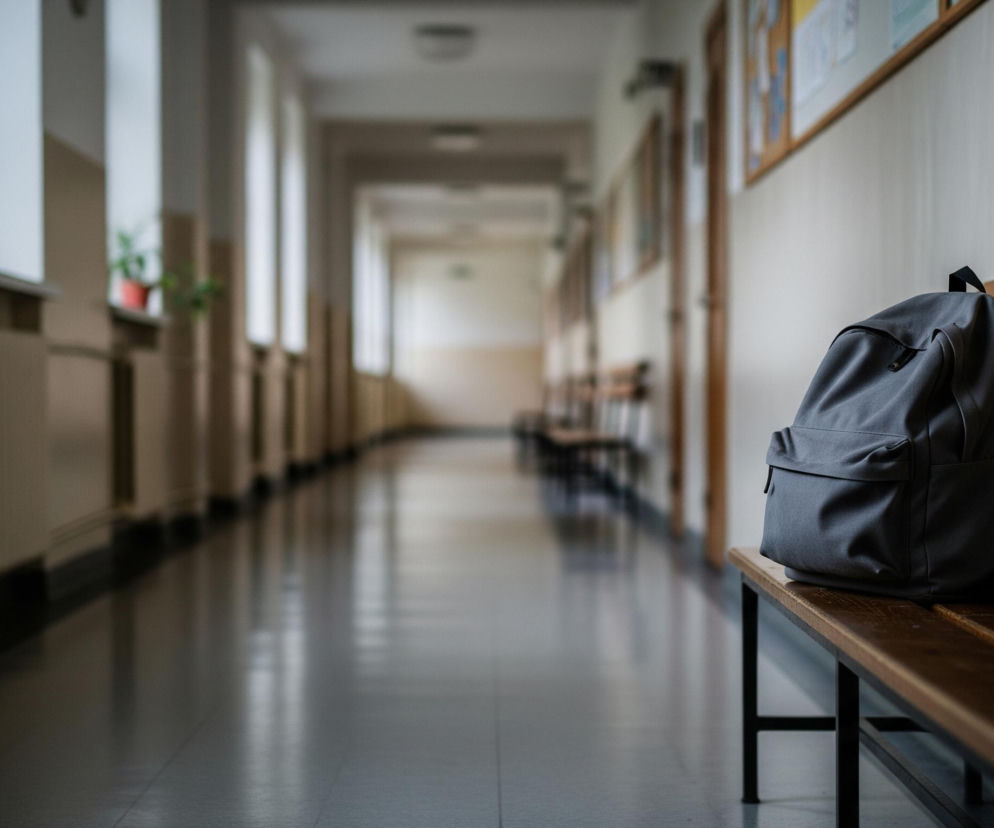 Na drewnianej ławce, znajdującej się w prawym dolnym rogu kadru, leży szary plecak z czarnymi paskami. Tło stanowi długi, pusty korytarz z rzędami okien po lewej stronie i tablicami korkowymi oraz drzwiami po prawej. Podłoga korytarza jest ciemna i lśniąca, odbijając światło wpadające z głębi pomieszczenia. Całość jest oświetlona stonowanym, naturalnym światłem, tworzącym długie cienie i podkreślającym perspektywę korytarza.