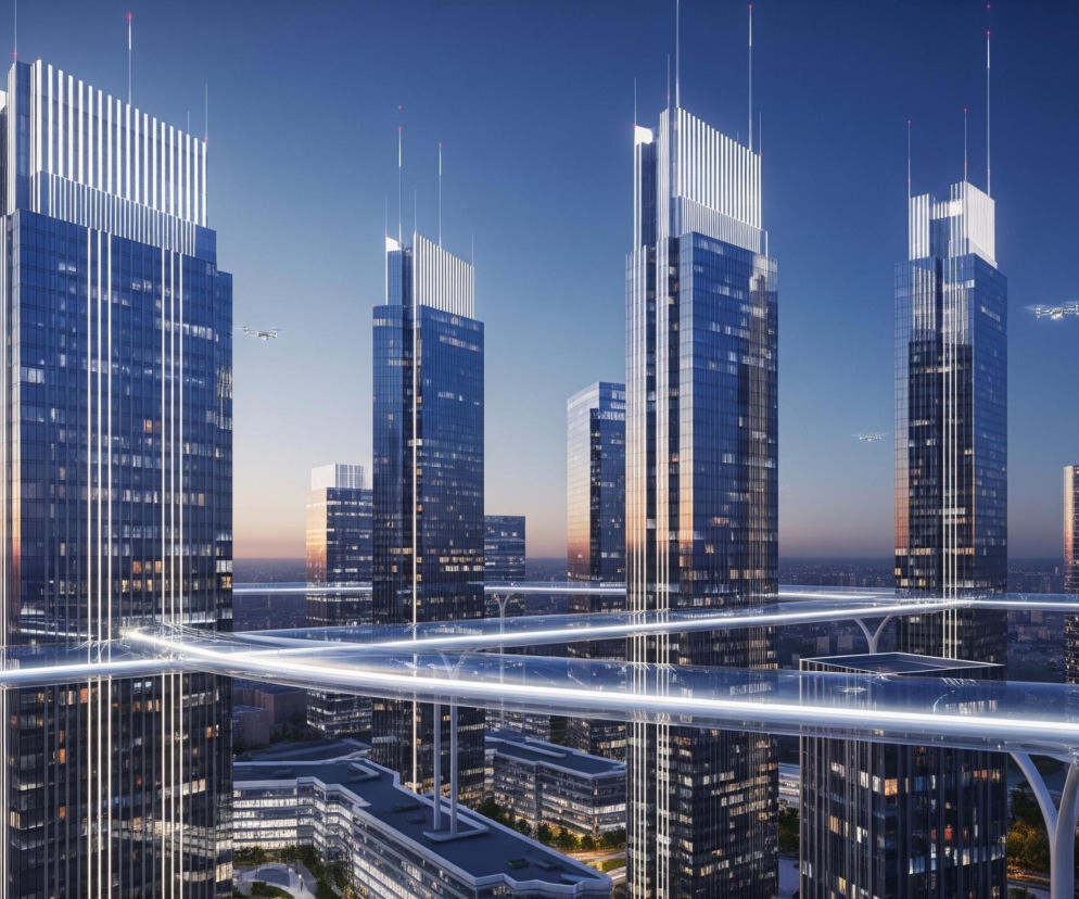 Wysokie, nowoczesne wieżowce o szklanych fasadach dominują miejski krajobraz, odbijając niebo w odcieniach błękitu i pomarańczu zachodzącego słońca. Niektóre budynki mają podświetlone wertykalne linie i dachy z białymi pionowymi listwami oraz antenami z czerwonymi punktami. Między wieżowcami rozciąga się sieć przeszklonych, podświetlanych na biało korytarzy lub estakad, tworząc futurystyczną infrastrukturę komunikacyjną. Kilka małych, jasno oświetlonych dronów przelatuje na tle nieba, a w dole widać gęstą zabudowę miejską z licznymi światłami w oknach.