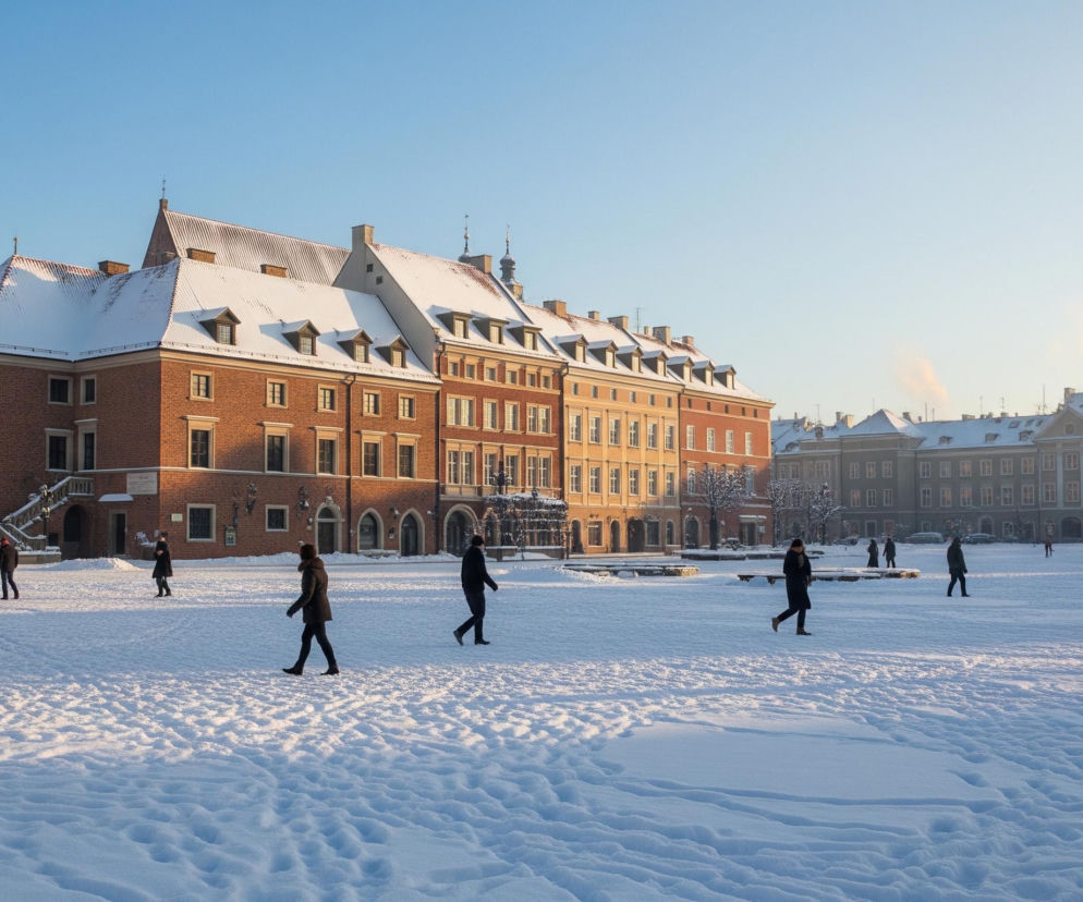 Zasypany śniegiem plac rozciąga się na pierwszym planie, z licznymi śladami kroków odciśniętymi w białej pokrywie. W głębi widoczne są zabytkowe kamienice o ceglanych i jasnych fasadach, których dachy również pokrywa warstwa białego puchu. Na placu, w różnych miejscach, idzie kilka osób ubranych w ciemne, zimowe płaszcze, z jedną postacią w jaskrawej, czerwonej kurtce po lewej stronie. Nad budynkami rozpościera się jasne, błękitne niebo, przechodzące w jaśniejsze odcienie ku prawej stronie kadru.